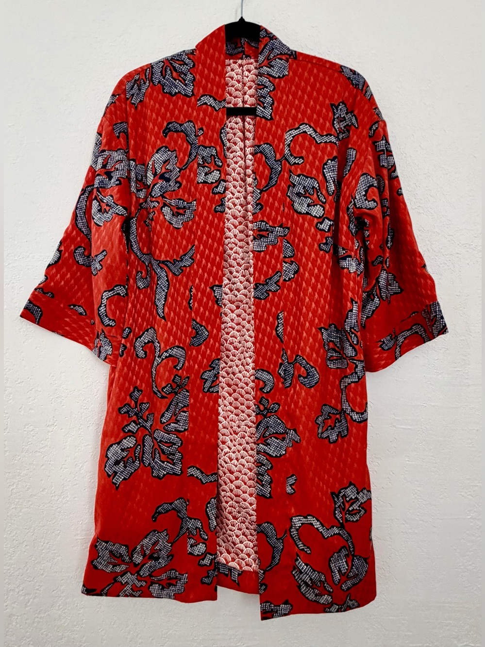 Chico's Red Quilted Kimono Robe with Black and White Floral Motif